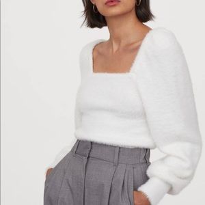 H&M white puffer sleeve square neck sweater top